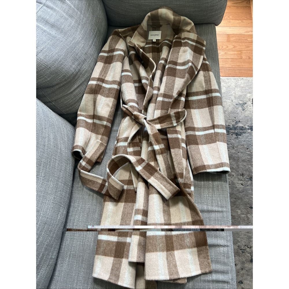 Banana Republic Jacket Women's Large Khaki Plaid Double Face Long Tie Waist Coat